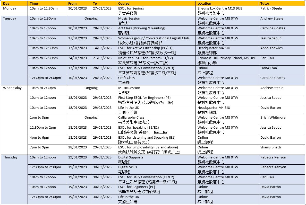 Wai Yin Spring 2023 New Courses Timetable | Wai Yin Society